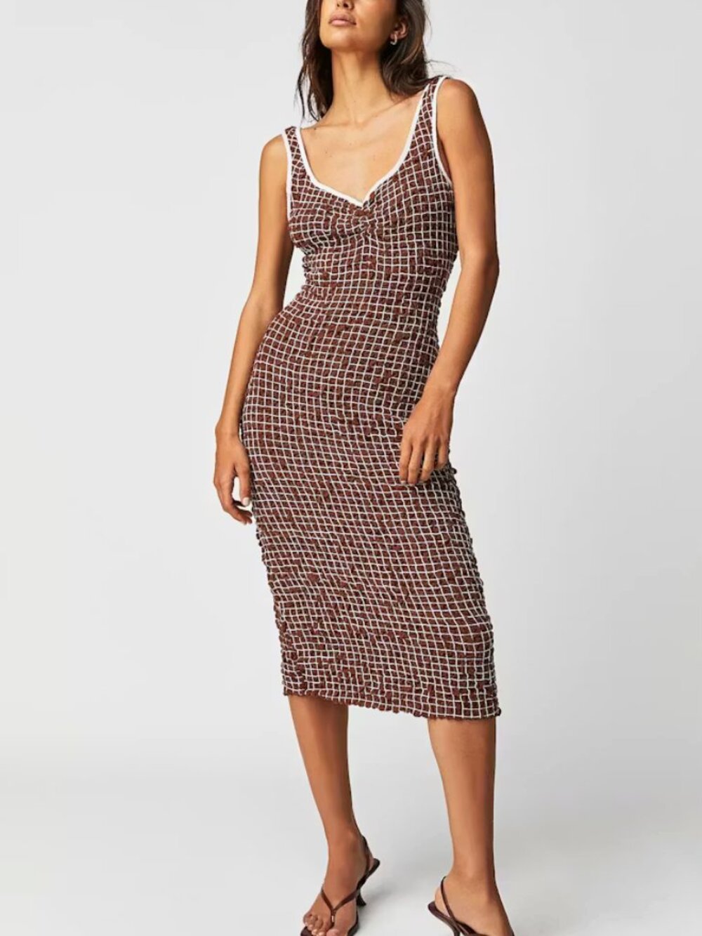 Free People Set the Bar Smocked Tank Midi Dress in Brown Size Medium Backless